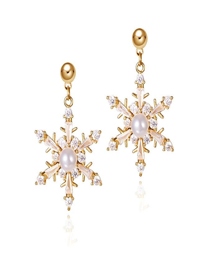 WCRAZYE Snowflake Earrings for Women Elegant Rhinestone Winter Pearl Snowflake Flower Christmas Earrings Christmas Holiday Jewelry (CZ Gold) - Image 1